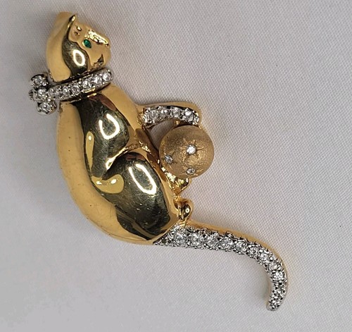 Vintage Katze Brosche goldfarben Starburst Kugel Strass Anstecknadel grün Strass Augen  - Bild 1 von 9