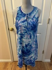 Chaps Women's 8 Blue Tie Dye Sleeveless Dress Lined Knee Length Trapeze Swing