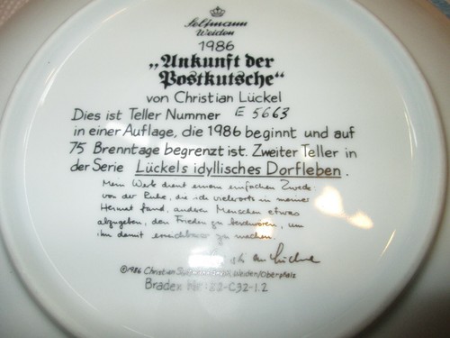 "UNKUNIT BER BOSTKUTSCHE" COLLECTOR PLATES--1986 BRADEX / NR:22-C32-12 / 7.5" - Picture 7 of 7