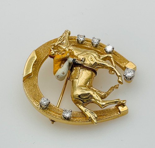 14K Yellow Gold Enameled Horse Shoe & Jockey Diamond Brooch Pin Pendant Vintage - Picture 6 of 7