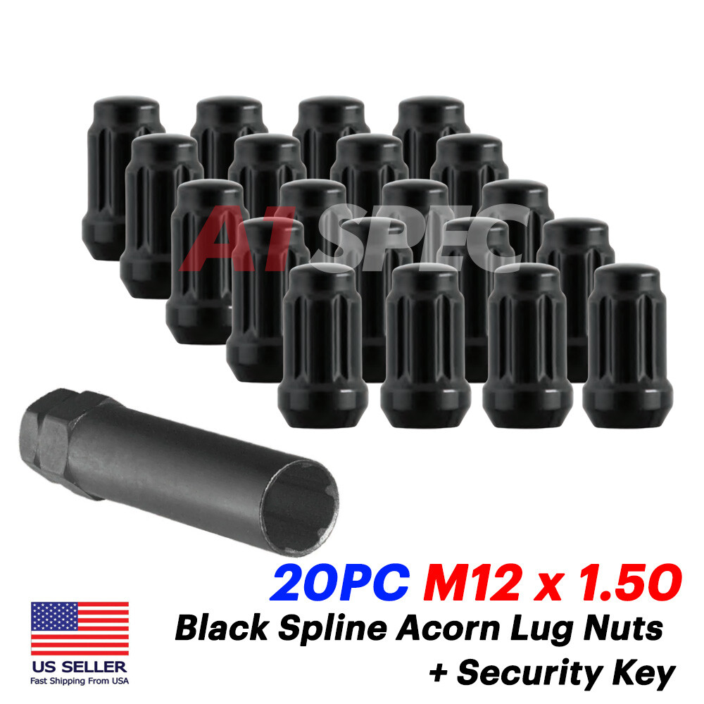 20x Black Spline Acorn Lug Nuts+Key 12mmx1.50 For Chevy Ford Honda
