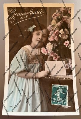 Antique RPPC French Happy New Year Bonne Annee girl flowers Real