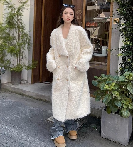 Damenmode Winter Revers Langarm lose Mäntel warm Faux Lammwolle Mantel - Bild 4 von 18