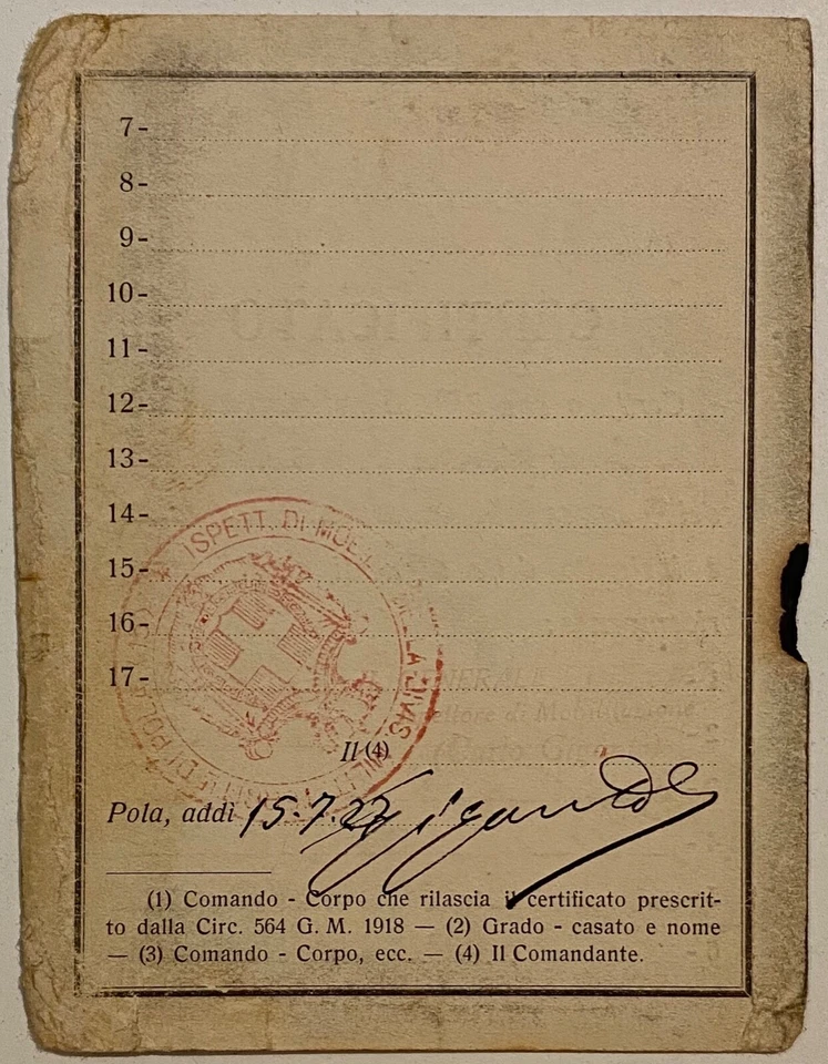 POLA CROAZIA 15a DIVISIONE MILITARE TESSERA GEN GIGANTE CARLO IRREDENTISTA FIUME - Imagen 2 de 4