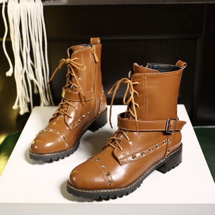 Womens Punk Rivet Lace Up Ankle Boots Knight Combat Low Heel Motorcycle shoes Womens Punk Rivet Lace Up Ankle Boots Knight Combat Low Heel Motorcycle shoes