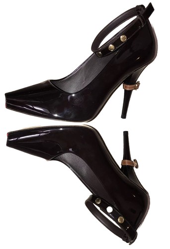 BURBERRY Coffee Ankle Strap Patent Leather Peep Toe Shoes Pumps Heels 37.5 7.5 - Picture 5 of 19