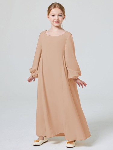Muslim Kids Girls Ramadan Kaftan Solid Color Elastic Pleated Sleeve Abaya Robe - Picture 2 of 18