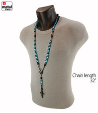 Men's 8mm Aqua Blue Bead Bk Plated Rosary Pray Hand  Jesus Cross Necklace BKAQ