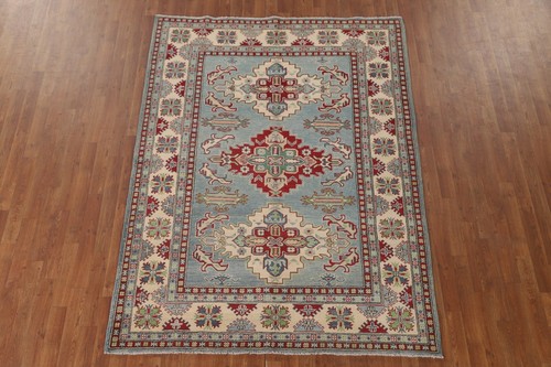 Geometric Light Blue Super Kazak Oriental Area Rug 6'x7' Wool Handmade Carpet - Picture 2 of 12