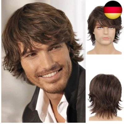 BEWEIG Perücke Herren Braun Kurz Haare Layered Wave Perücken mit Pony Synthetische C
