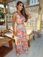 Women Floral Print Casual Party Sleeveless Crop Top Wide Leg Pants Two Piece Set