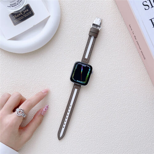 Correa delgada de cuero + lona para Apple Watch 10 9 8 7 6 SE 41/42/45/46/49 mm - Imagen 21 de 24