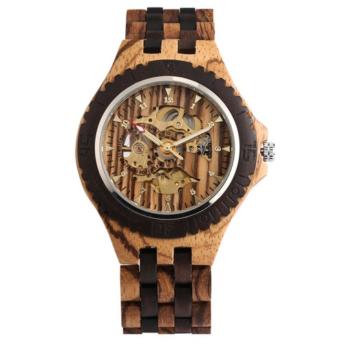 Mens Wooden Watches Auto Mechanical Wristwatch Skeleton Timepiece Wood Bangle - Picture 5 of 8
