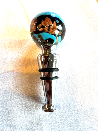 Murano Glass Italy Wine Stopper Paperweight style, Blue with Shiny Copper Inside - Picture 2 of 3