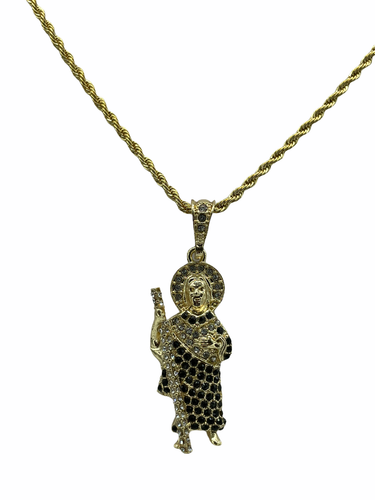 San Judas Medalla con Cadena Torzal Oro Chapado Piedras Negraos Dije NUEVO - Picture 3 of 3