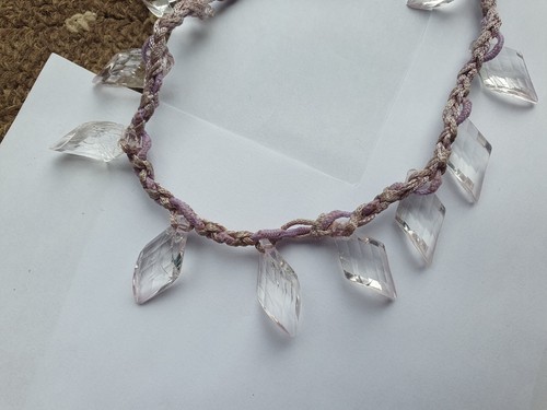 Handmade Beaded Necklace Lilac Cord Clear Faceted Diamond Shaped Beads - Picture 4 of 5