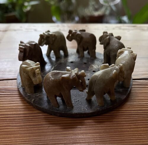 Vintage Circle of Elephants Handcarved Soapstone Incense Burner