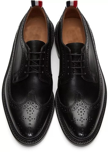 Mens Handmade Genuine Black Leather Oxford Lace Up Wingtip Formal Dress Shoes - Picture 1 of 5