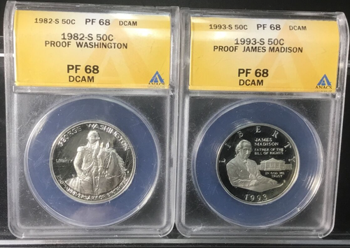 ONLY 2 SILVER PROOF COMMEM. HALF DOLLARS, PROOF 1982 WASHINGTON & 1993 MADISON