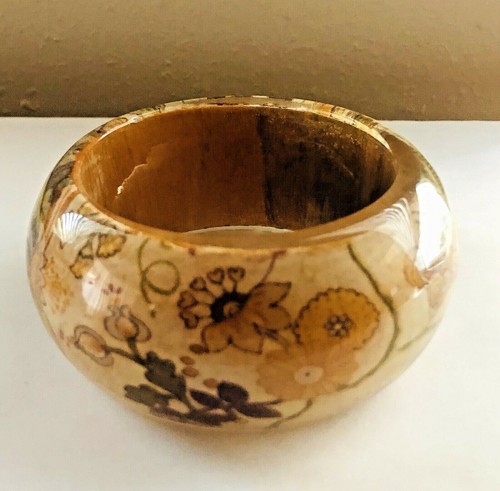 Brown Wood with Flower Fabric Chunky Bangle Bracelet Encased in Acrylic Lucite - Picture 2 of 3