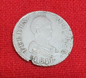 SCARCE-1811-CATALONIA-SF-2-REAL-FERDINAND-VII-SPAIN-SPANISH-SILVER-COIN