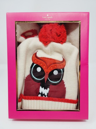 KATE SPADE Pumice OWL "Who Me??" Hat & Mitten Set in Box ~ L/XL (ages 8-12) - Picture 2 of 11