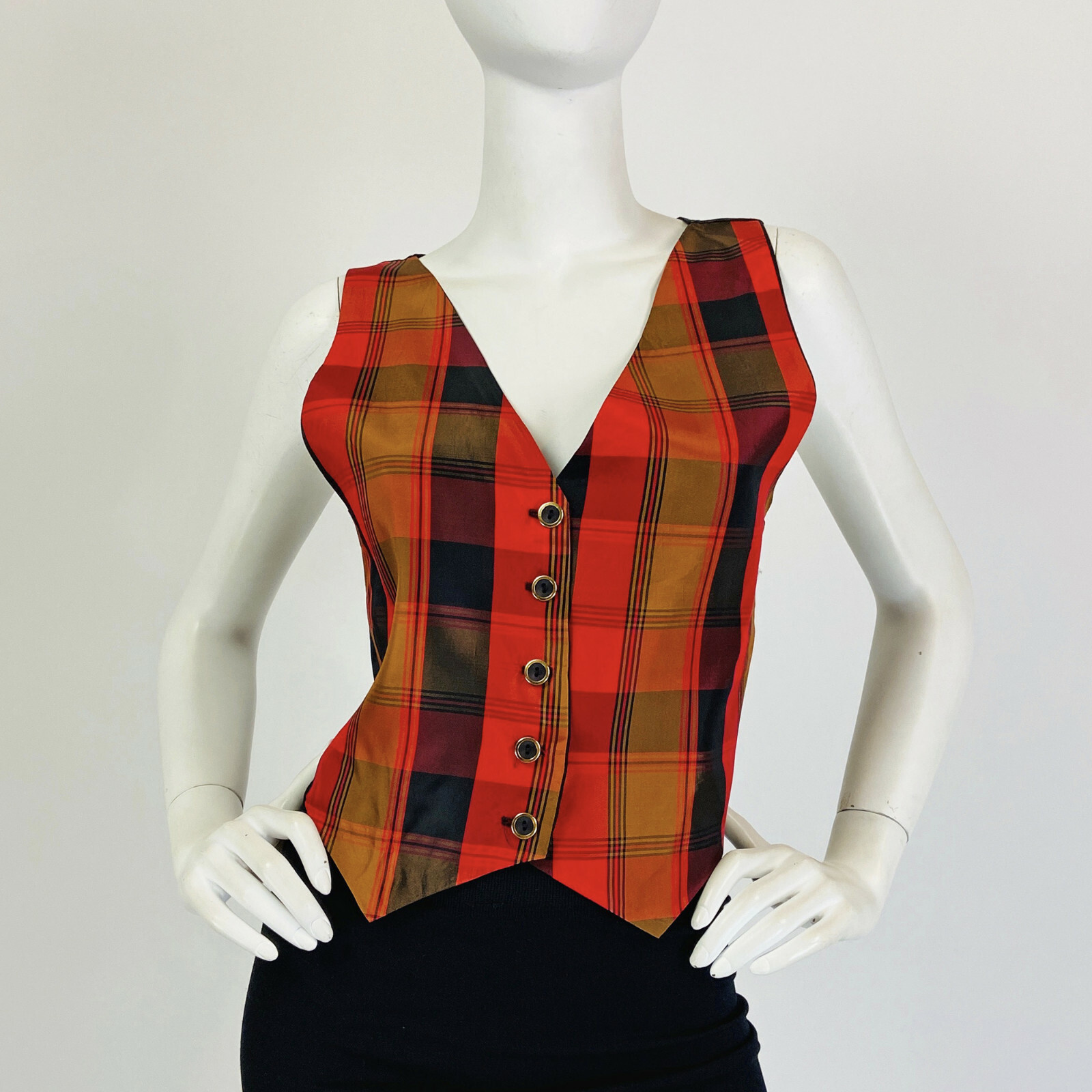 Vintage Red Plaid Vest Button Front Christmas Japan Pockets Preppy Mod Sz 10