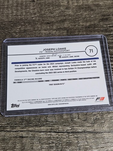 2024 Topps Chrome Formula 1 - F3 Drivers Future Stars Joseph Loake #71 (RC) - Picture 2 of 2