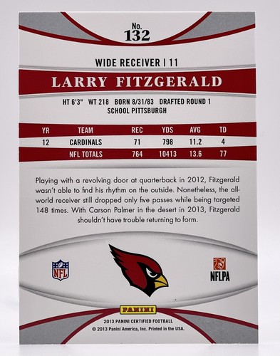 2013 Certified Platinum Red #132 Larry Fitzgerald Arizona Cardinals - Picture 2 of 2