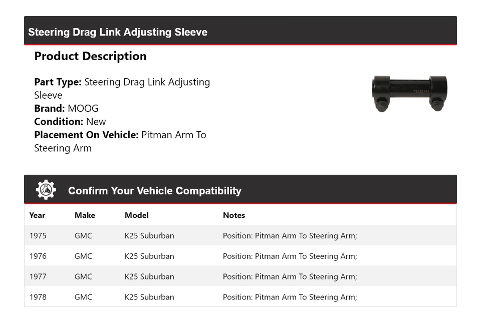 Manguito de ajuste de enlace de arrastre de dirección suburbano para GMC K25 1975-1978 MOOG 1975 Foto 2 de 4
