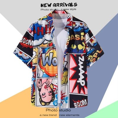 Herren Button Down Comic Pop Art Grafik Hawaii Oberteil Neuheit Urlaub Geschenk Hemd