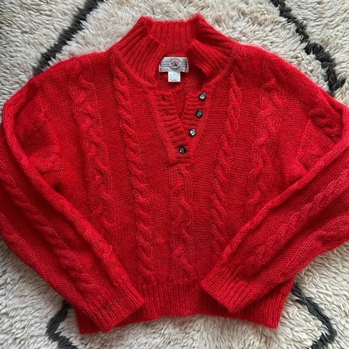 Vintage CABIN FEVER Mohair Pullover mit Zopfmuster rot Damen Gr. L leuchtende Knöpfe - Bild 1 von 17