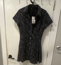 Zara Tweed Collared Short Sleeve Button A-Line Dress Black White Abstract L