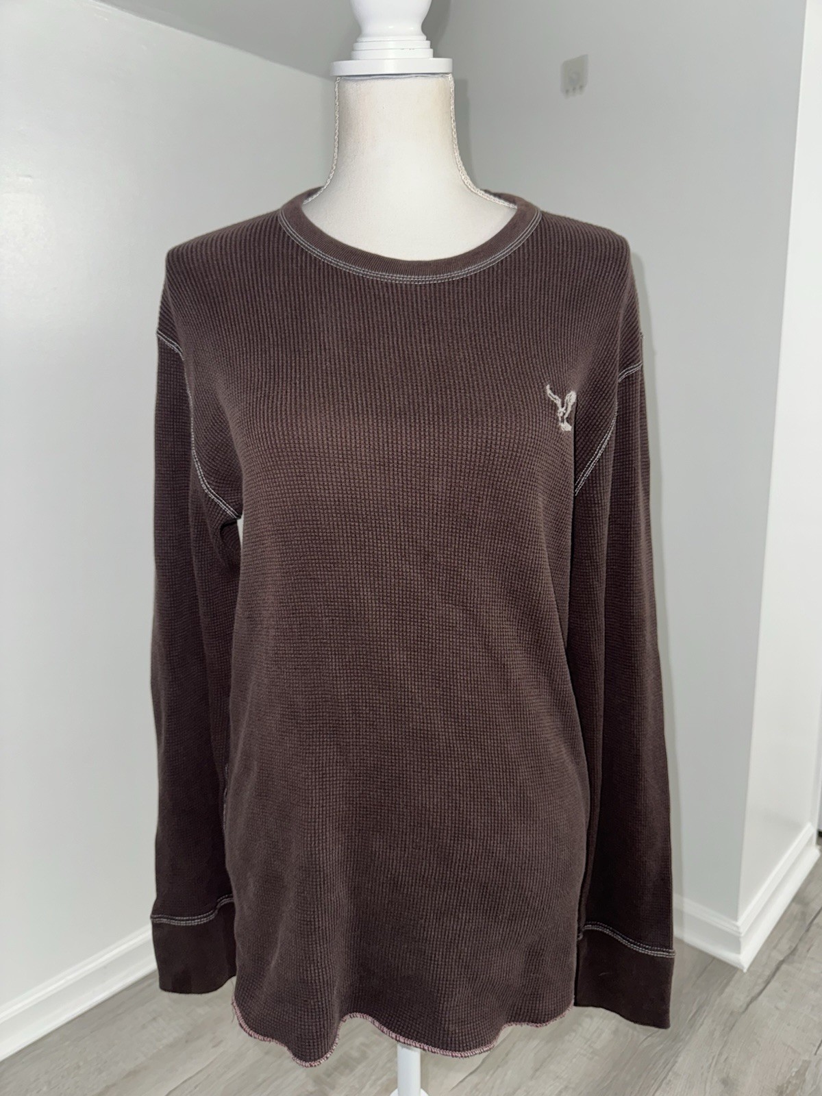 American Eagle Waffle Knit Long Sleeve Shirt Brown Vintage Fit Men’s Large AEO