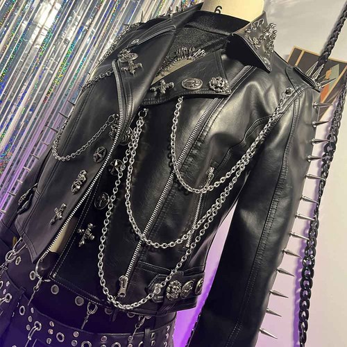 E-Girls Y2K PU Leather Skull Studded Jacket Chain Goth Punk Rock Cross - Picture 7 of 14