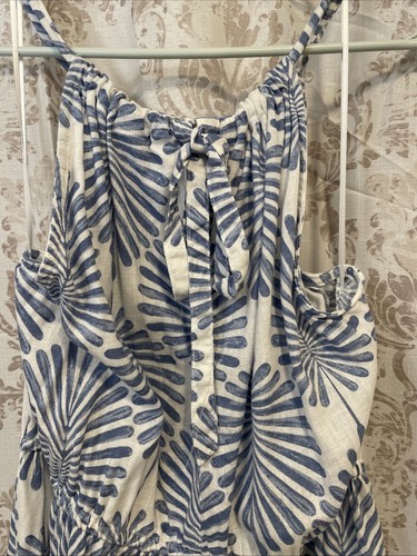 Joie Women Tiered Linen Halter Maxi Dress Medium White Blue Palm Leaf Beachy - Picture 5 of 9