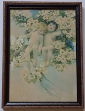 IN ARCADY 1921 Bessie Pease Gutmann Chromolithograph, Cherubs Bluebirds Blossoms