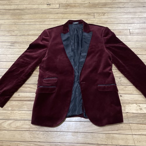 Express Men Velvet Red Blazer Jacket Men 40R Slim Modern Tuxedo Coat Satin Lapel - Picture 13 of 24