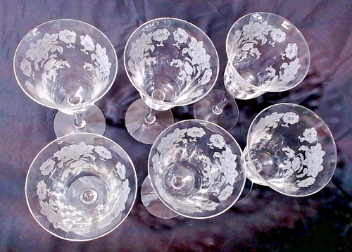 ANTIKES 6ER-SET KRISTALL ELEGANT GETÄFELTE STIELGLÄSER DETAILLIERTE GEÄTZTE ROSE 7-1/2" - Bild 2 von 7