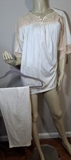 Vtg 2 Pc Cream Off White Slick Nylon Tunic Pajama Set Wide Lace Trim