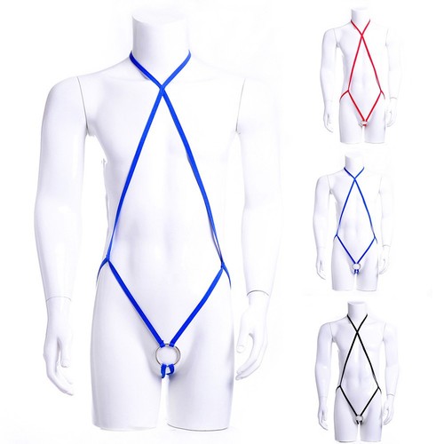 Solid Color Men's Thong Leotard Lingerie Bodysuit Underwear Pouch Ring - Picture 1 of 11