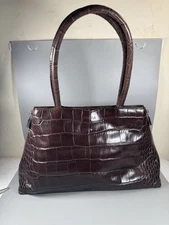 Furla Brown Croco Gator Embossed Two Handle Flap Top Purse Handbag Made In Italy
