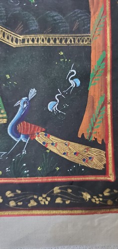 Painting Of Radha Krishna Scene in Garden Bird On Silk Cloth 8.5 x 12.5 Inches - Picture 3 of 21