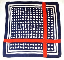 Vintage 1960s Echo Geometric Silk Scarf Navy Blue White Red Stripe Retro 27 x 26