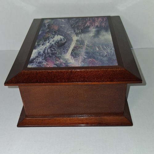 Thomas Kinkade Wooden Jewelry Box Green Velvet Bridge Of Faith Ring Holder - Picture 6 of 9