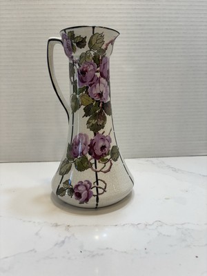 Antique Phoenix Ware Pitcher Vase Purple Floral Cream & Black 1910-1930