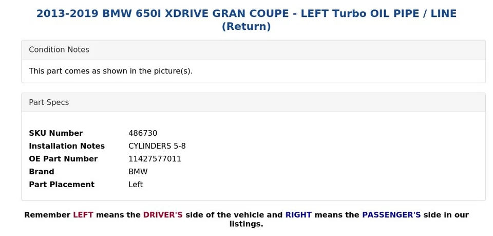 BMW 650I XDRIVE 2013-2019 GRAN CUPÉ - TUBO DE ACEITE TURBO IZQUIERDO / LÍNEA (retorno) Foto 4 de 4