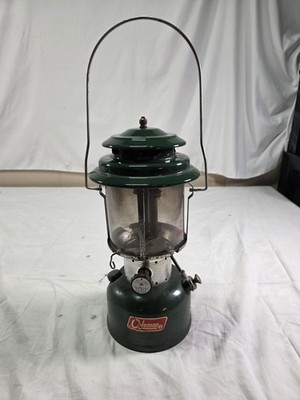 Vintage Coleman 220F Gas Green Double Mantle Camping Lantern Pyrex Glass