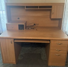 Brown Wood Computer Desk with Hutch, 4 Drawers, 2 Shelves, Metal Handles