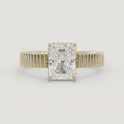 3.00 CT Radiant Cut Lab Grown Diamond 14k Gold Classic Vertical Groove Band Ring